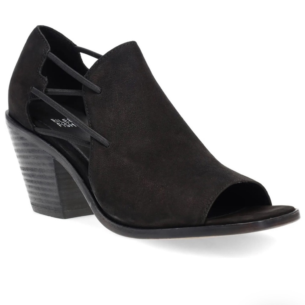 Eileen Fisher Allie Cutout Sandals Black Leather Heels Sz 9.5